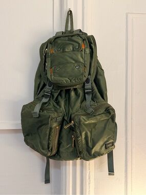 Olive Green Nylon Utility Backpack with Multiple Pockets
